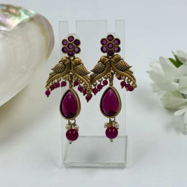 Ruby Blossom Bird Motif Statement Earrings