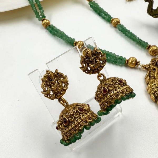 Long Traditional Temple Jewellery Set - 2 Green beaded
