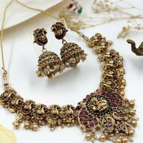 Designer Regal Lakshmi Necklace Set - Red & Green Beads