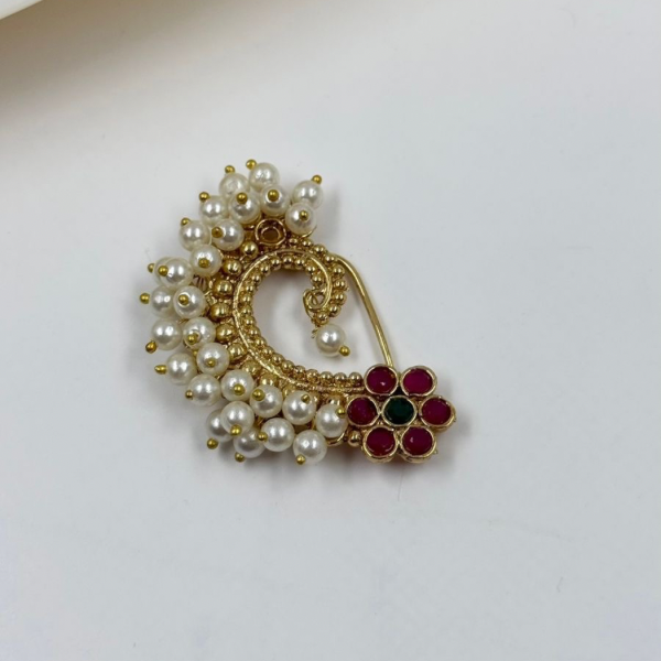 Classic Pearl Nath Clip with Ruby Flower Detail