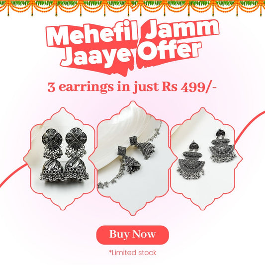Mehefil Jamm Jaaye Oxidised Silver Earring Combo