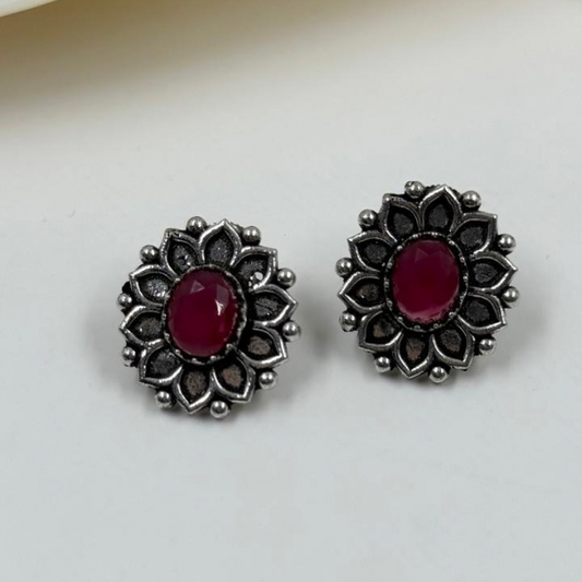 Oxidized Silver-Plated Ruby Red Stone Flower Studs