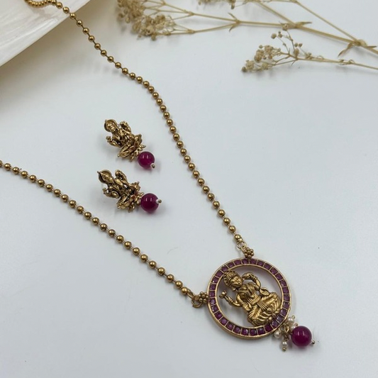 Lakshmi’s Grace: Antique Gold Necklace Set with Maroon Accents