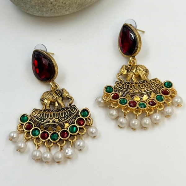 Royal Elephant Gemstone Pearl Dangle Earrings