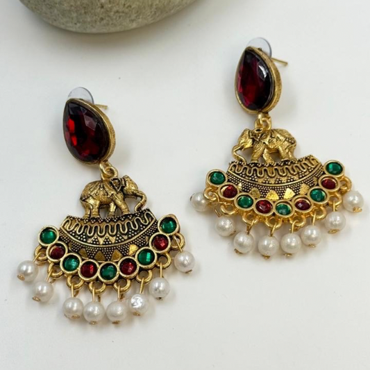 Royal Elephant Gemstone Pearl Dangle Earrings