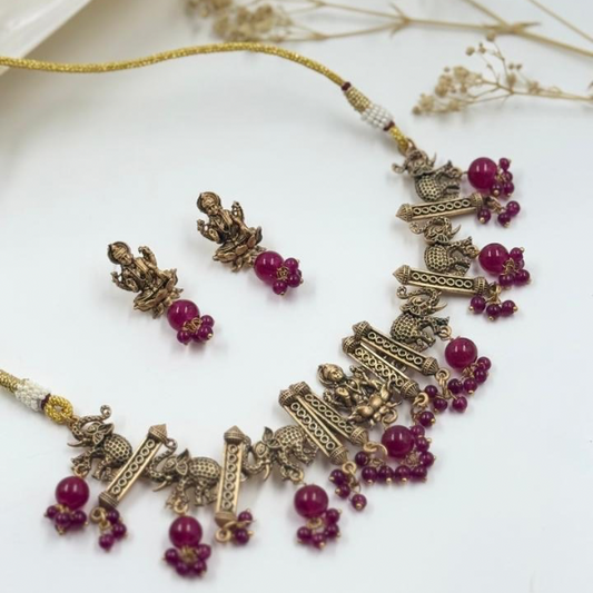 Red Ruby Necklace with Deity & Elephant Design