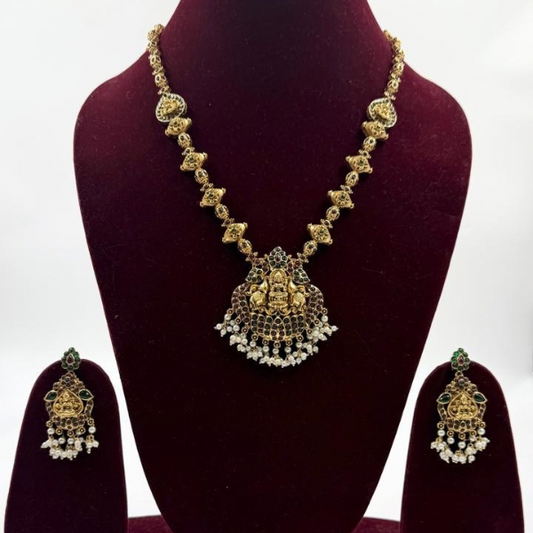 Goddess Lakshmi & Peacock Motif Necklace Set in Antique Finish