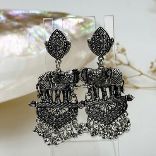 Oxidized Royal Elephant Fan Earrings