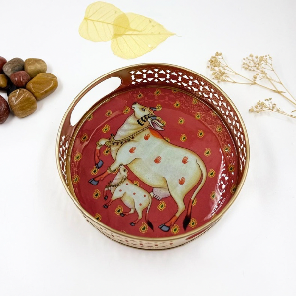 Red Elegance: Cow & Calf Tray Set