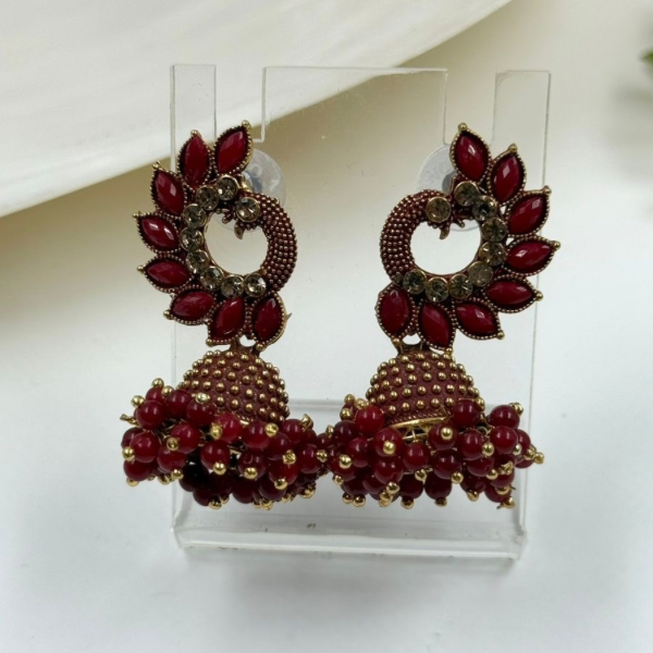 Antique Gold & Maroon Peacock Jhumkas with Cluster Beading