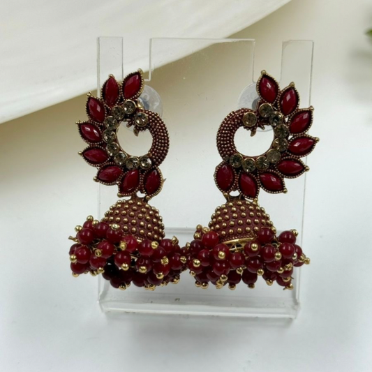 Antique Gold & Maroon Peacock Jhumkas with Cluster Beading