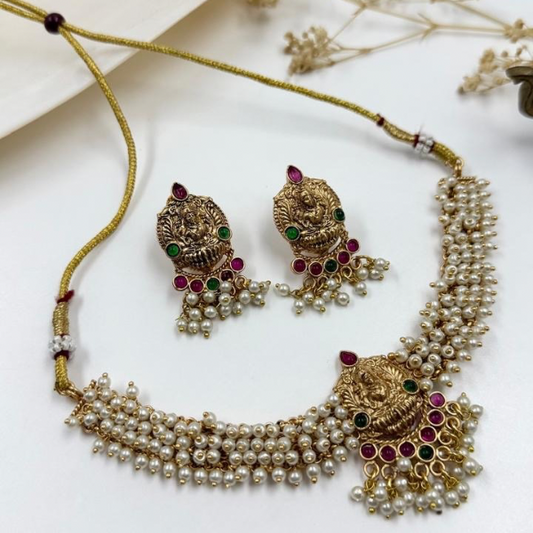 Pearl Majesty Temple Set – Antique Gold Necklace with Goddess Pendant & Stud Jhumkas