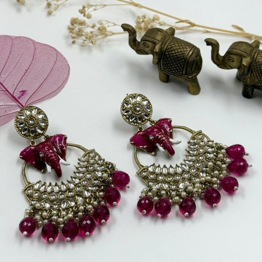 Elephant Motif Long Pearl Earrings -Vibrant Pink