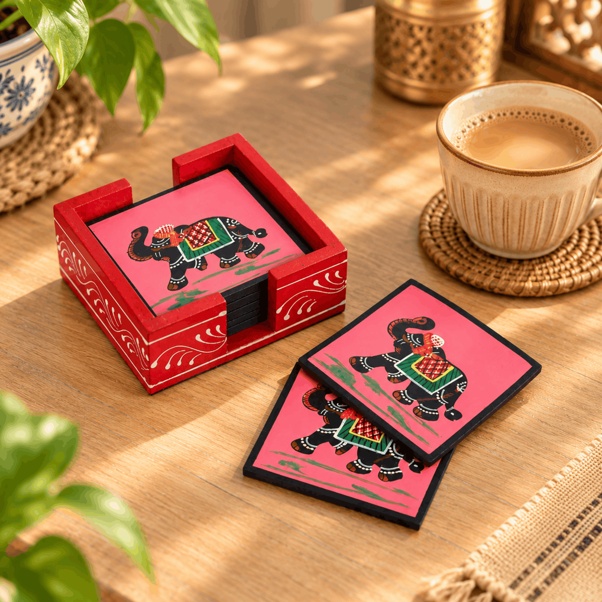 Elephant Print Wooden Pink Coaster Set (Pack of 6)