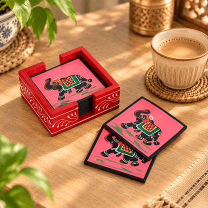 Elephant Print Wooden Pink Coaster Set (Pack of 6)