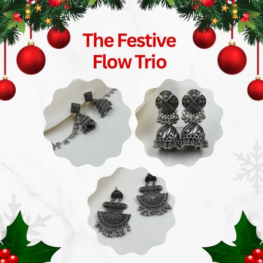The Festive Flow Trio: Secret Santa Oxidized Jhumka Earring Set