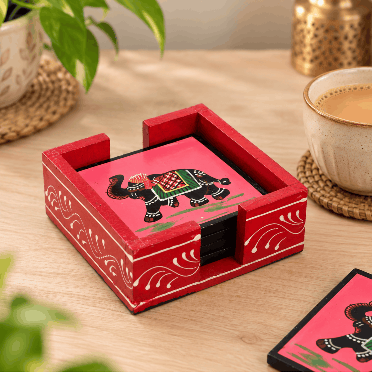 Elephant Print Wooden Pink Coaster Set (Pack of 6)