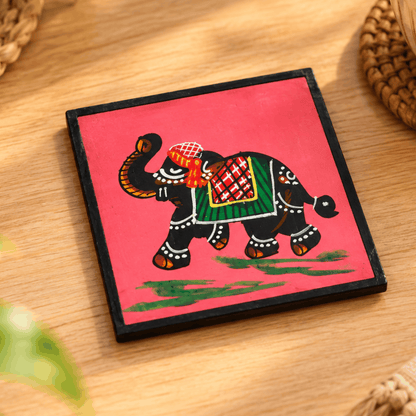 Elephant Print Wooden Pink Coaster Set (Pack of 6)