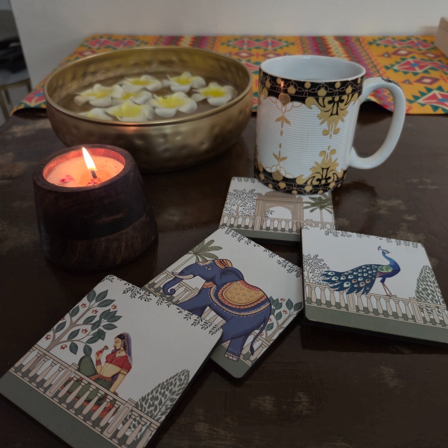 Indian Miniature Art Wooden Tray with Matching Coaster