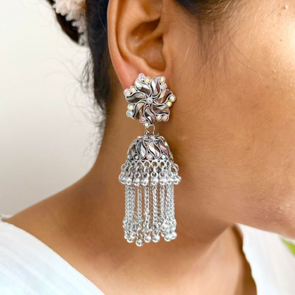 Celestial Chime Silver Jhumka- Earrings
