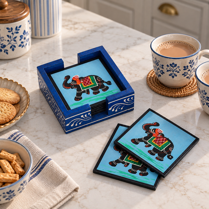 Elephant Print Wooden Blue Coaster Set (Pack of 6)