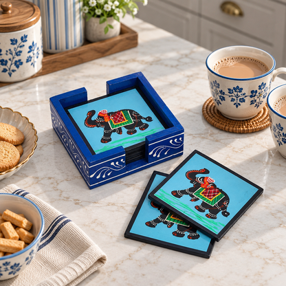 Elephant Print Wooden Blue Coaster Set (Pack of 6)