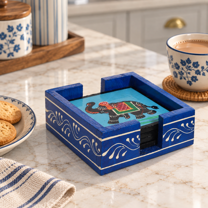 Elephant Print Wooden Blue Coaster Set (Pack of 6)