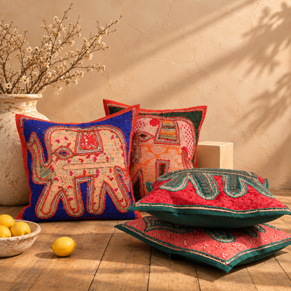 Elephant Design Hand Embroidered Rajasthani Cushion Covers - Set of 4