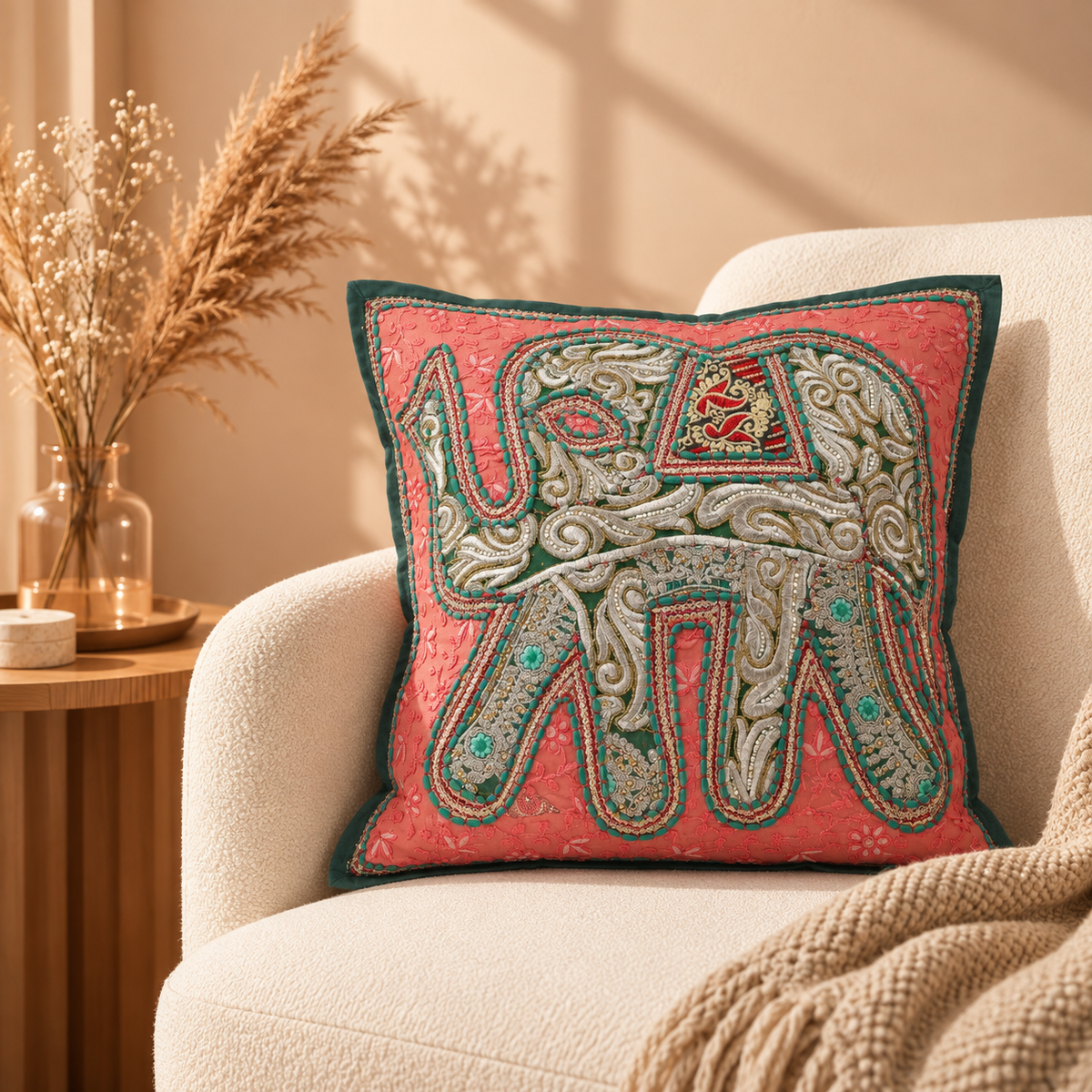 Elephant Design Hand Embroidered Rajasthani Cushion Covers - Set of 4