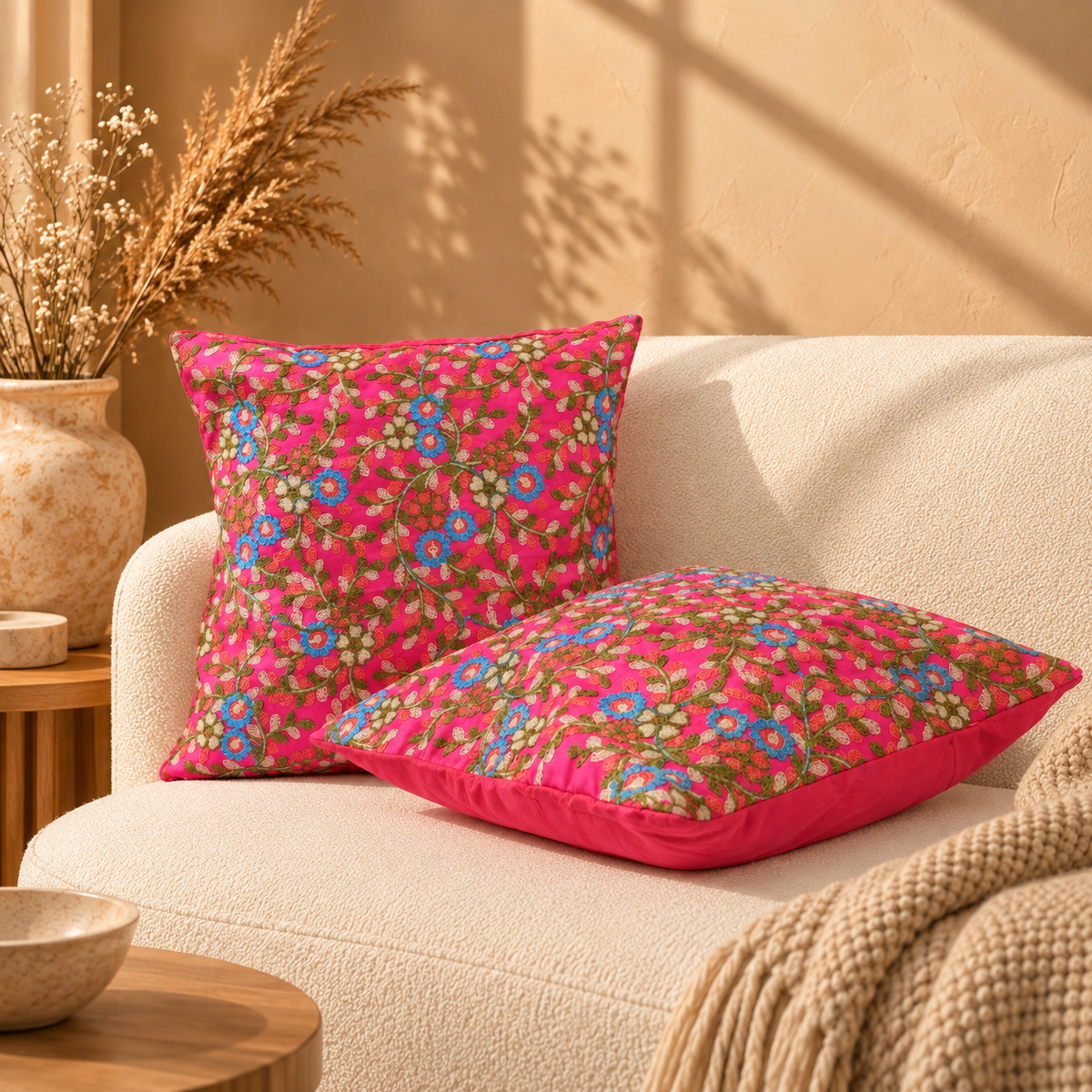 Mulitcolour Embroidered Pink Cushion Covers (set of 2)