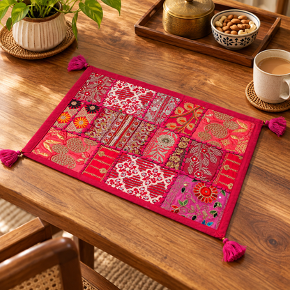 Rajasthani Patch Work Pink Dining Table Runner with Mats (pack of 7)