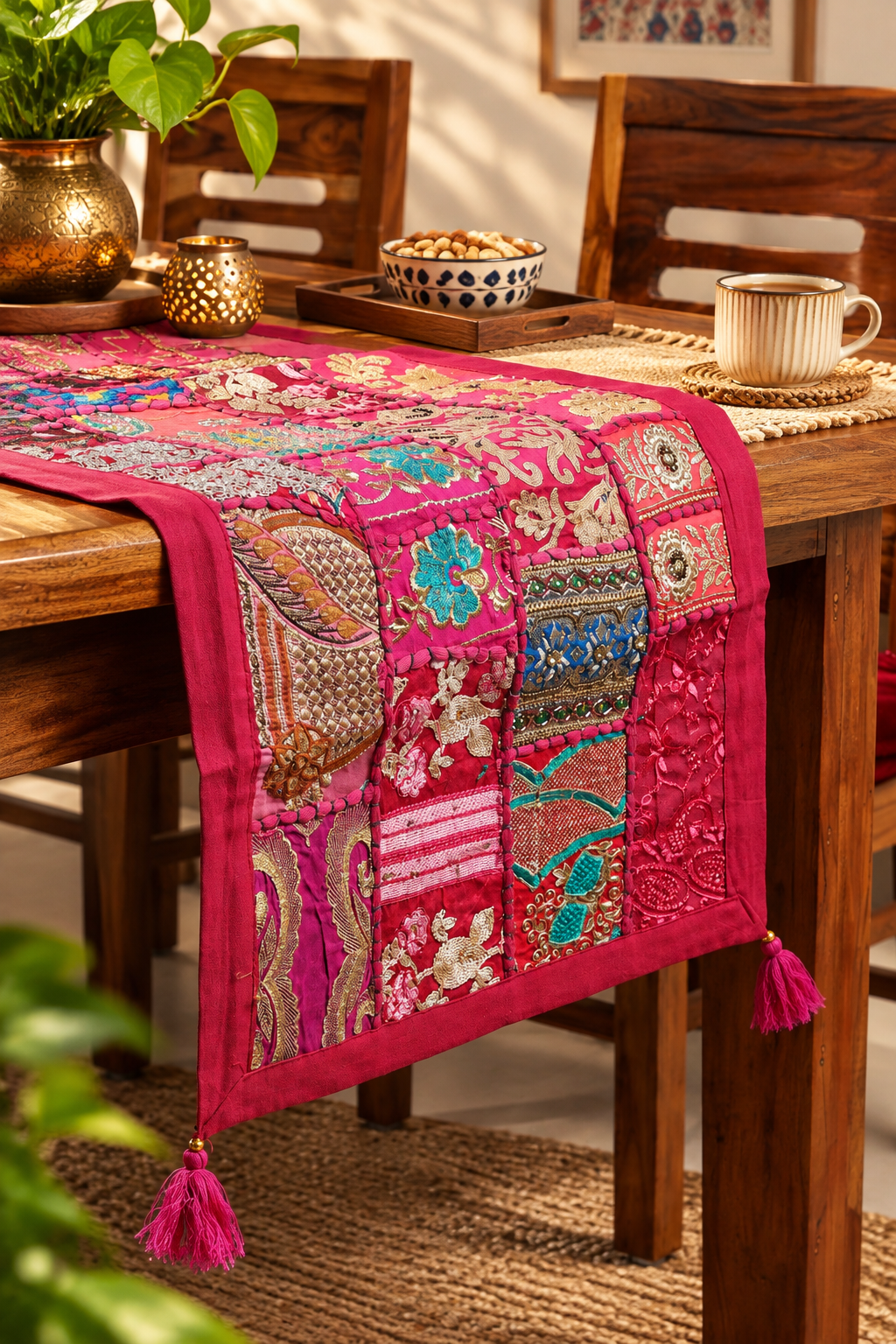 Rajasthani Patch Work Pink Dining Table Runner with Mats (pack of 7)