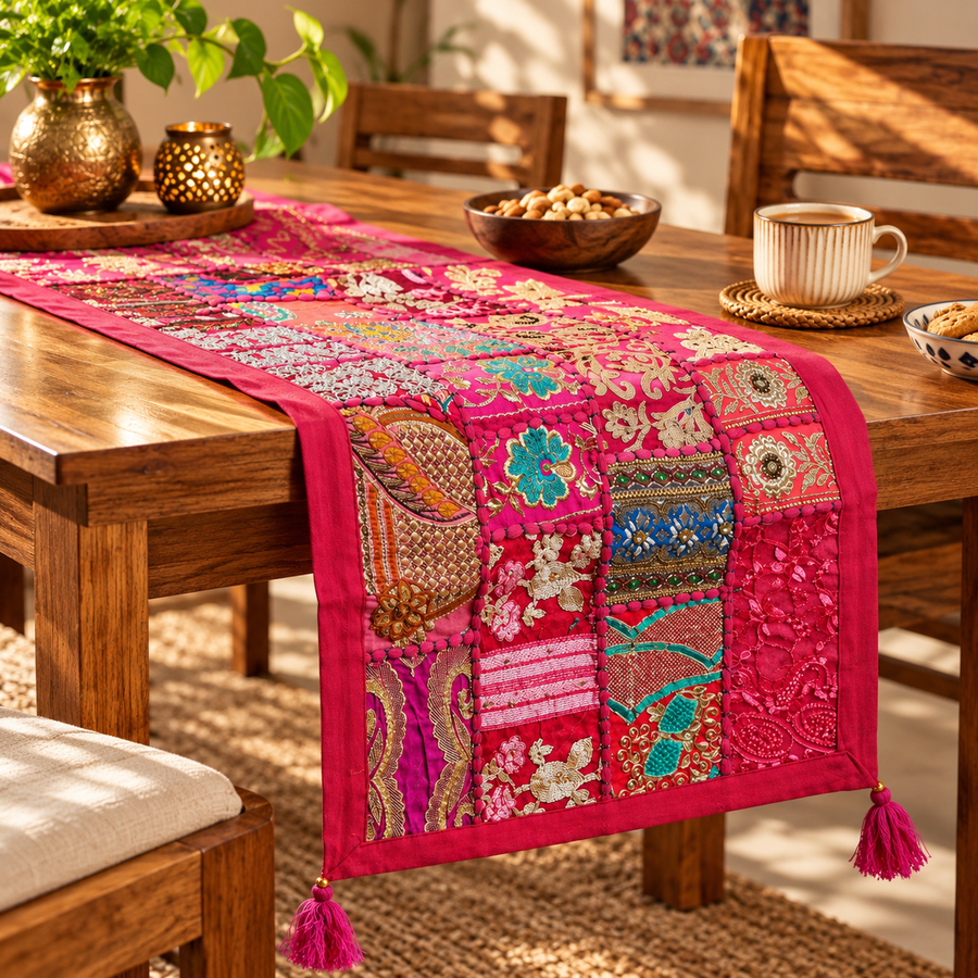 Rajasthani Patch Work Pink Dining Table Runner with Mats (pack of 7)