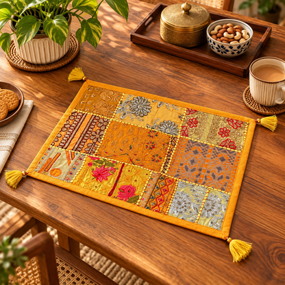 Rajasthani Patch Work Yellow Dining Table Runner with Mats (pack of 7)