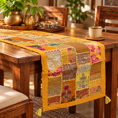 Rajasthani Patch Work Yellow Dining Table Runner with Mats (pack of 7)