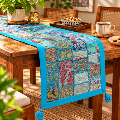 Rajasthani Patch Work Blue Dining Table Runner with Mats (pack of 7)