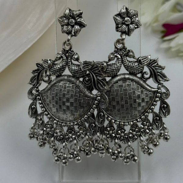 Vintage Silver Plated Jhumka Earrings with Floral and Peacock Design