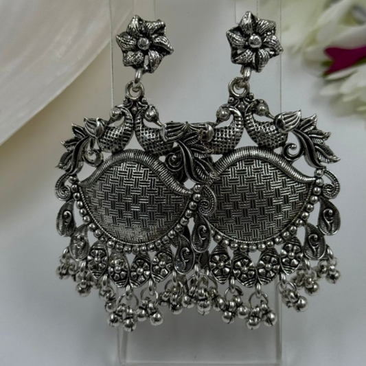 Vintage Silver Plated Jhumka Earrings with Floral and Peacock Design