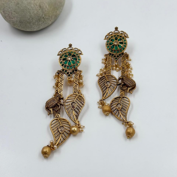 Heritage Leaf & Elephant Charm Antique Earrings