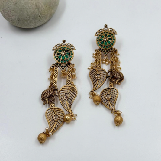 Heritage Leaf & Elephant Charm Antique Earrings