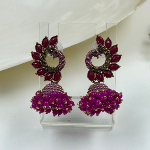 Antique Toned Peacock Jhumka Earrings with Marquee Stones & Fuchsia Beading