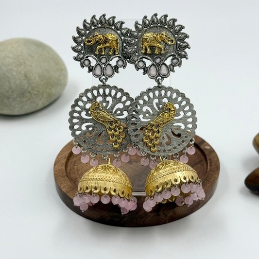 Royal Charm – Elephant & Peacock Dual-Tone Jhumka Earrings