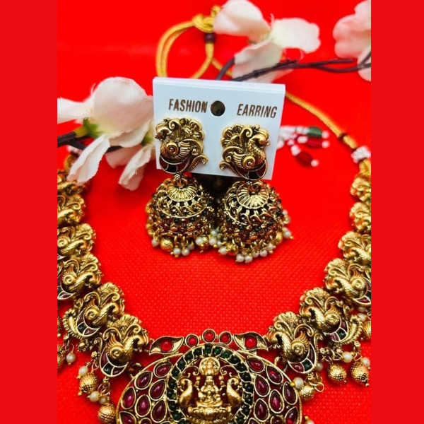 Designer Regal Lakshmi Necklace Set - Red & Green Beads