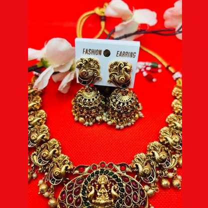 Designer Regal Lakshmi Necklace Set - Red & Green Beads