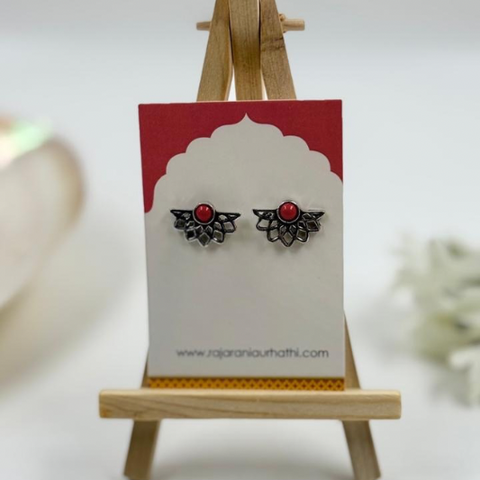 Red Blossom Lotus Petal Oxidised Tiny Stud Earrings