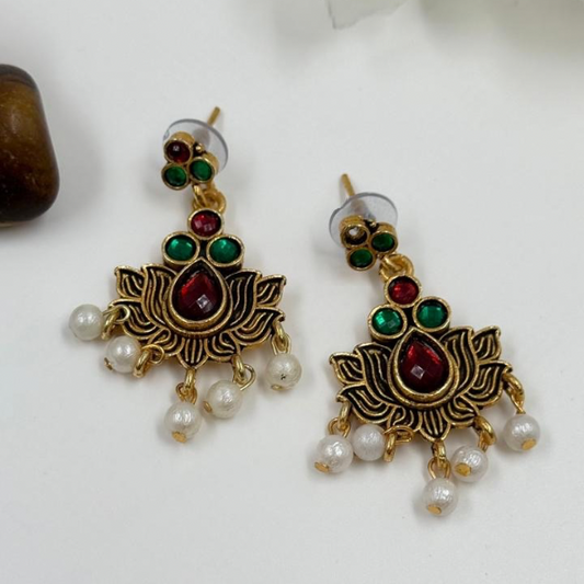 Lotus Bloom Antique Gold Earrings with Pearls
