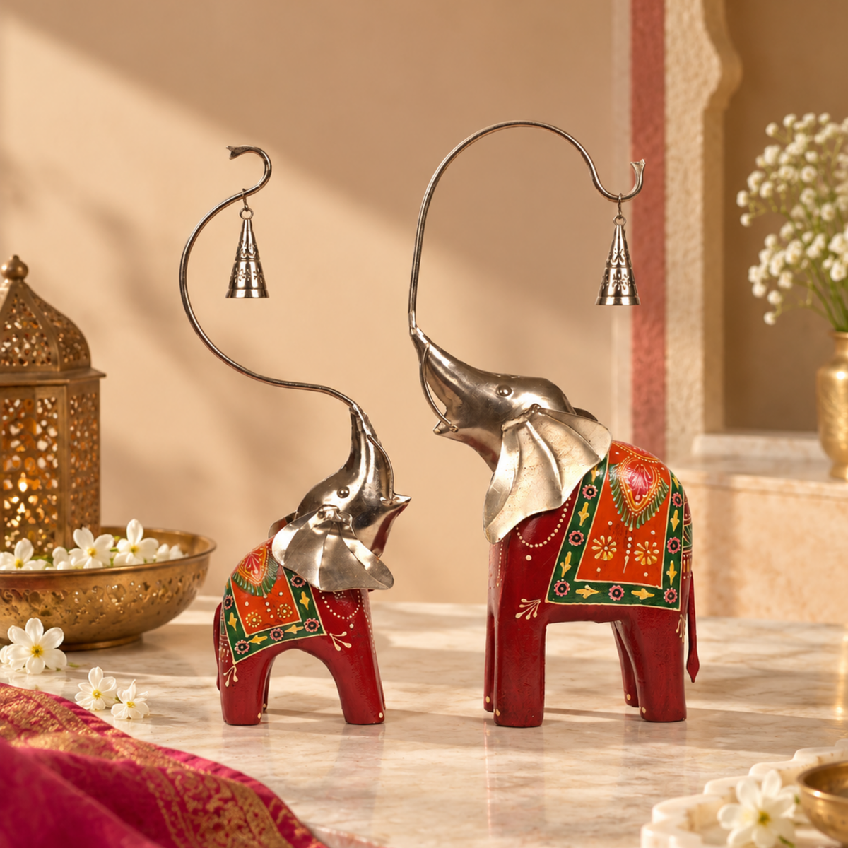 Handpainted Red Elephant Set with Bell for Home Entrance Door