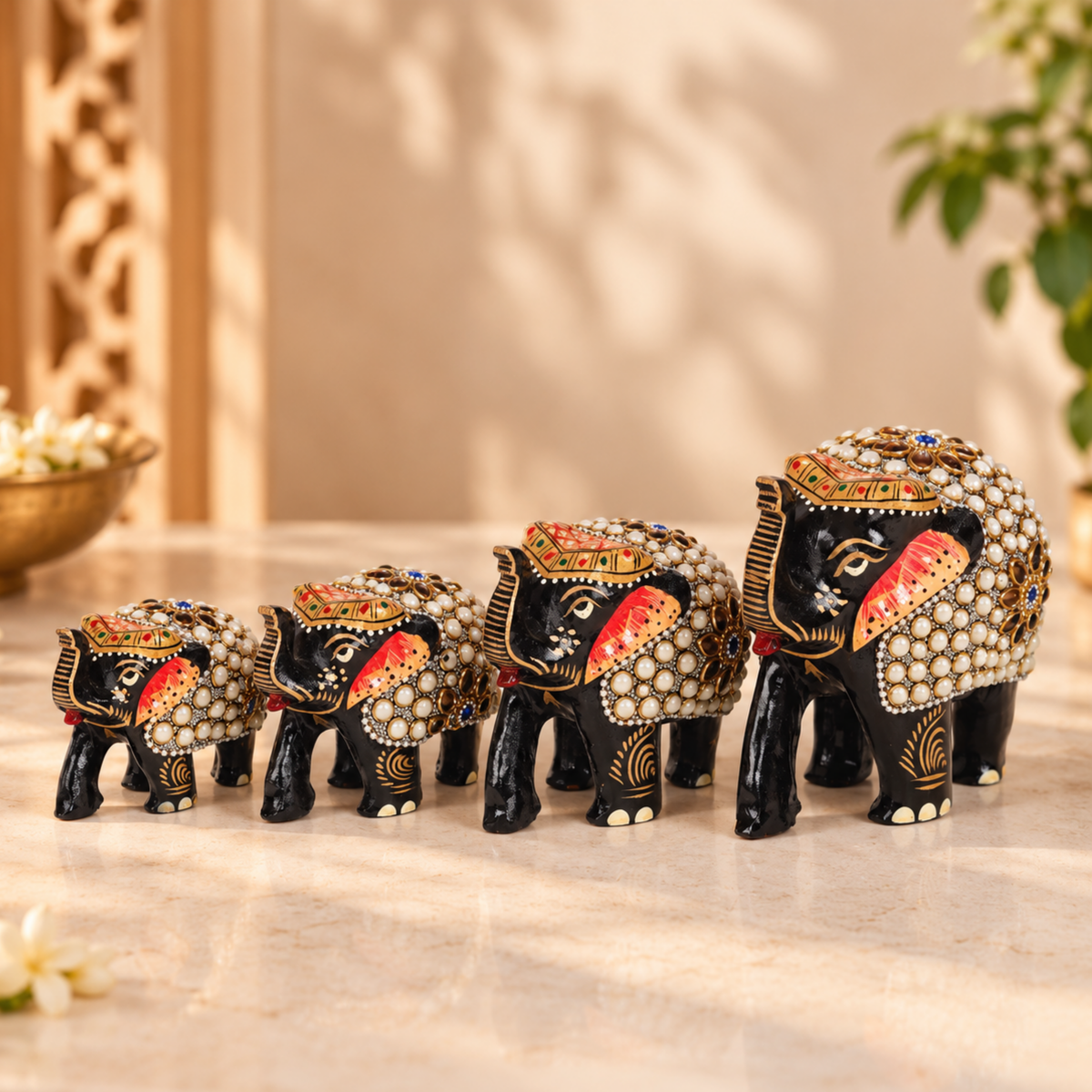 Rajasthani Decor White Moti Embedded Elephant Figures - Set of 4