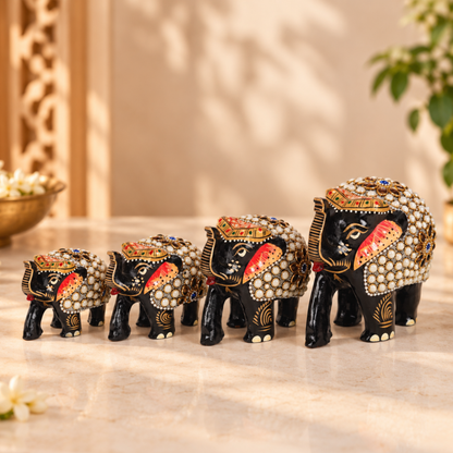 Rajasthani Decor White Moti Embedded Elephant Figures - Set of 4
