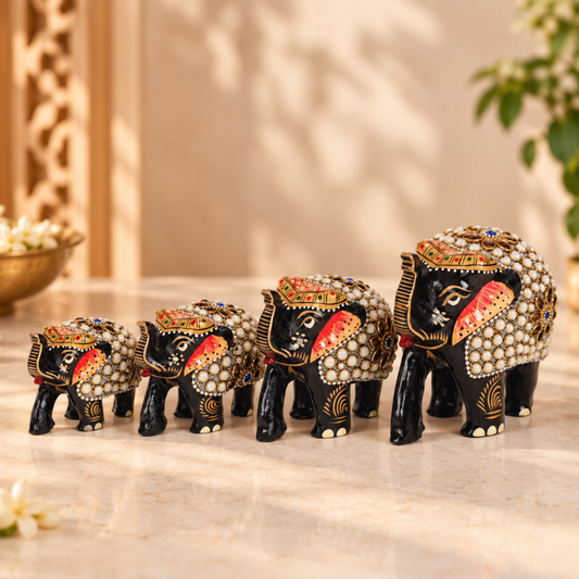 Rajasthani Decor White Moti Embedded Elephant Figures - Set of 4